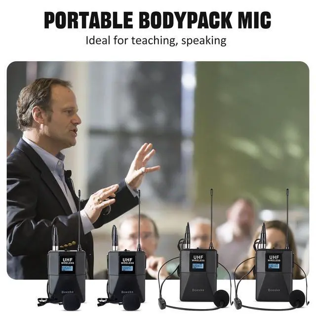 Alt view image 6 of 7 - Wireless Microphone System 4 Channel UHF 4 Lavalier Lapel Headset Mics for Karaoke Church Speaking Conference Meeting Party, 4x25 Adjustable Frequency (4 Bodypack)
