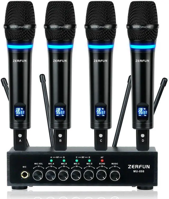 Main image of Pro Rechargeable Wireless Microphone System 4 Channel, UHF Metal Handheld Wireless Microphones Cordless Mics with Echo Bluetooth VOL Channel Control for Karaoke Singing Church(MU-898)