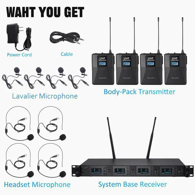 Alt view image 7 of 7 - Wireless Microphone System 4 Channel UHF 4 Lavalier Lapel Headset Mics for Karaoke Church Speaking Conference Meeting Party, 4x25 Adjustable Frequency (4 Bodypack)