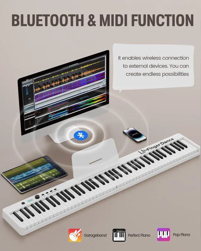 Alt view image 3 of 6 - Folding Piano Keyboard 88 Keys, Portable Electric Keyboard with Bluetooth MIDI, Full Size Digital Piano, Wood Grain, Semi-Weighted, Touch Sensitive, with Storage Bag for Beginner