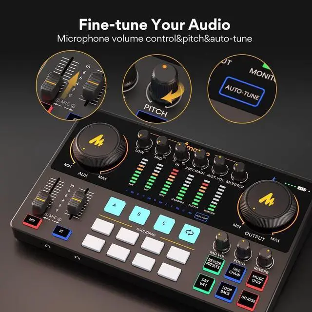Alt view image 6 of 7 - AME2C Podcast Equipment Bundle, Audio Interface with XLR Dynamic Mic | Pro preamp, 48V phantom power, Bluetooth, TikTok, YouTube streaming, PC, smartphone workflows, home creators, Caster
