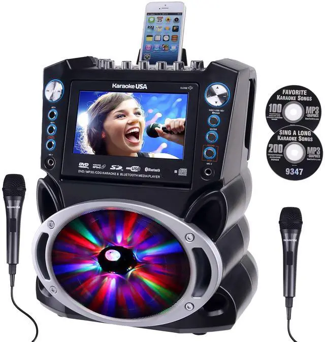Main image of Karaoke Machine with Lyrics Display 7" Screen. CD+G, DVD, MP3+G, MP3, CD & USB. Wireless Bluetooth Speaker with LED Disco Lights. Includes 2 Wired Microphones and 2 Bonus Karaoke Discs By