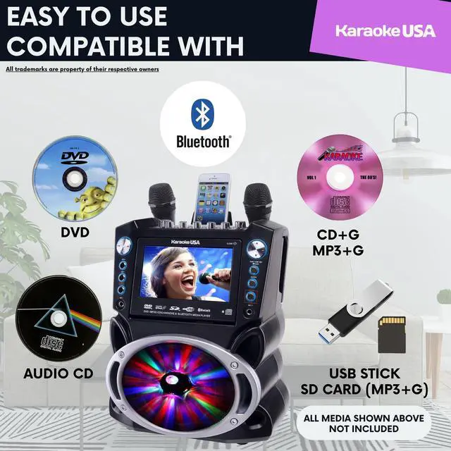 Alt view image 2 of 7 - Karaoke Machine with Lyrics Display 7" Screen. CD+G, DVD, MP3+G, MP3, CD & USB. Wireless Bluetooth Speaker with LED Disco Lights. Includes 2 Wired Microphones and 2 Bonus Karaoke Discs By