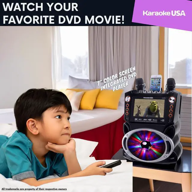 Alt view image 4 of 7 - Karaoke Machine with Lyrics Display 7" Screen. CD+G, DVD, MP3+G, MP3, CD & USB. Wireless Bluetooth Speaker with LED Disco Lights. Includes 2 Wired Microphones and 2 Bonus Karaoke Discs By