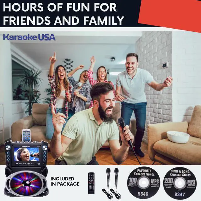 Alt view image 3 of 7 - Karaoke Machine with Lyrics Display 7" Screen. CD+G, DVD, MP3+G, MP3, CD & USB. Wireless Bluetooth Speaker with LED Disco Lights. Includes 2 Wired Microphones and 2 Bonus Karaoke Discs By
