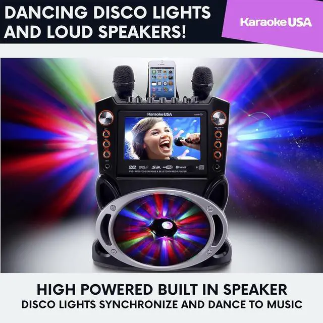 Alt view image 7 of 7 - Karaoke Machine with Lyrics Display 7" Screen. CD+G, DVD, MP3+G, MP3, CD & USB. Wireless Bluetooth Speaker with LED Disco Lights. Includes 2 Wired Microphones and 2 Bonus Karaoke Discs By