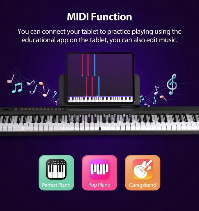 Alt view image 3 of 7 - Portable Folding Piano Keyboard,88Keys Semi-Weighted Full Size,Foldable Digital Piano, Rechargeable Electric/Electronic Keyboard Piano w/MIDI Bluetooth&2 Speakers&Carry-case Beginners Gift