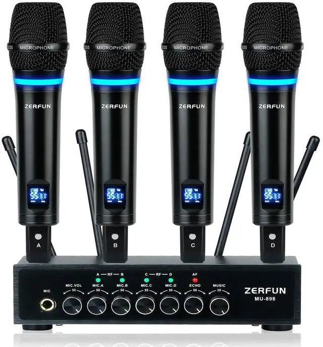 Main image of Rechargeable Wireless Microphone System 4 Channel Pro, UHF Metal Handheld Wireless Mics Cordless for Church Karaoke Singing with Bluetooth Echo Volume Control, 4x50 Frequency(MU-898)