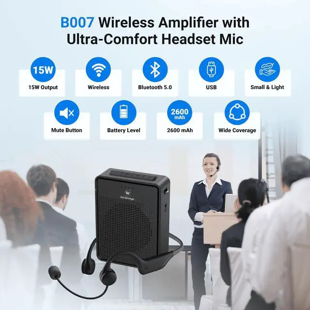 Alt view image 2 of 7 - Voice Amplifier Wireless Ear-Hook Headset Microphone B007 | Portable Microphone and Speaker Pa System, 15W Speaker with Noise Cancelling Bluetooth Mic for Teachers, Fitness, Elderly