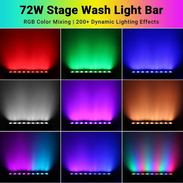 Alt view image 2 of 7 - LED Stage Wash Light Bar - 4Pack 72W RGB DJ Light Bar IP66 Waterproof Dimmable Stage Lights Smart APP & Remote Control for Parties Events Building Garden Wall Display