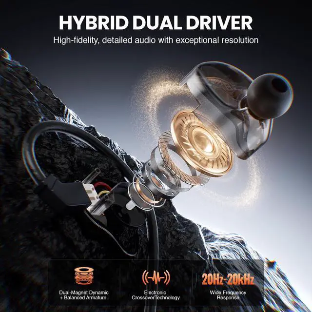 Alt view image 2 of 7 - Hybrid Dual Driver in-Ear Monitor Earphones, Noise Isolation HiFi Stereo IEM w/Detachable Tangle-Free 2-Pin Cable, Wired Earbuds for Singers, Musicians, Gaming, Black (PME-20)
