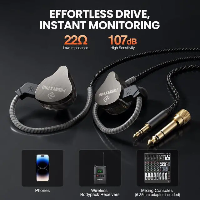 Alt view image 3 of 7 - Hybrid Dual Driver in-Ear Monitor Earphones, Noise Isolation HiFi Stereo IEM w/Detachable Tangle-Free 2-Pin Cable, Wired Earbuds for Singers, Musicians, Gaming, Black (PME-20)