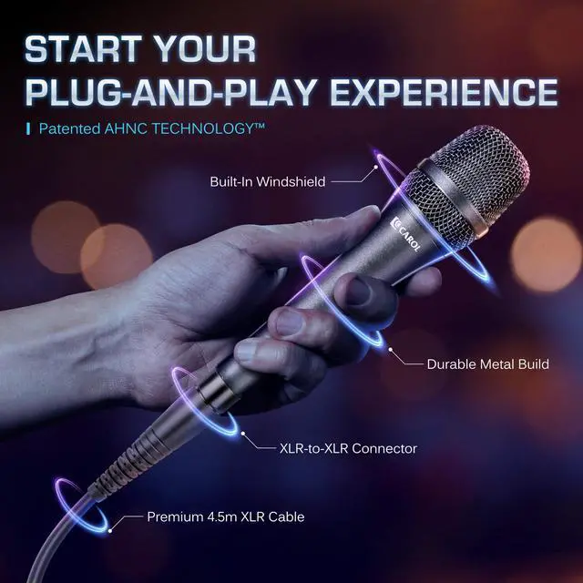 Alt view image 6 of 7 - AC-910 XLR Wired Vocal Microphone, Dynamic Cardioid, No-Switch | AHNC dual-engine noise canceling tech for singing, studio, and stage. incl. 14.8ft (4.5m) XLR cable, mic clip