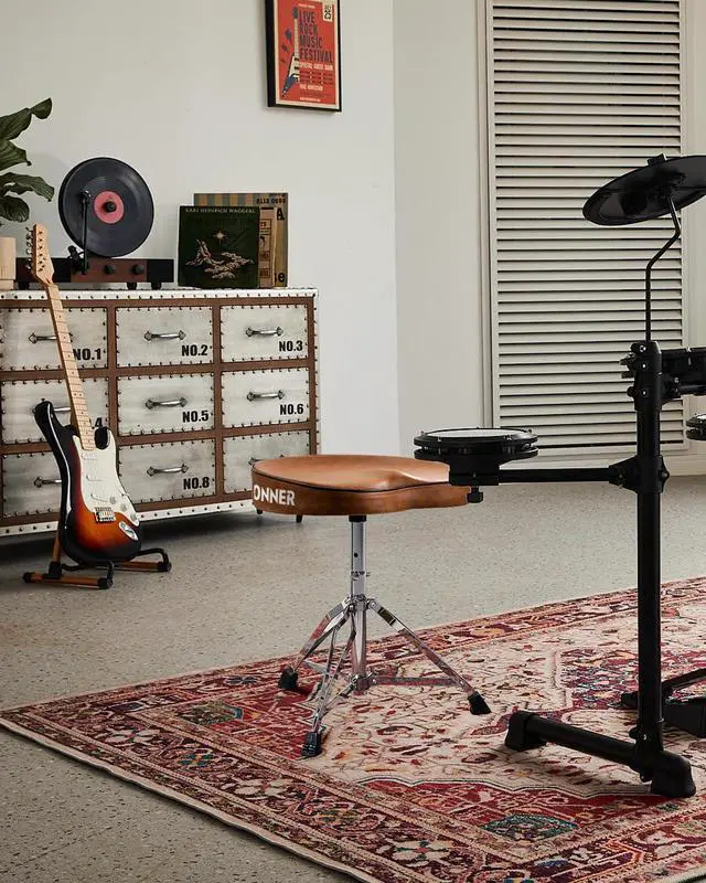 Alt view image 2 of 7 - Saddle Drum Throne, Height Adjustable Padded Seat Drum Stool for Adults and Teens, 5A Drumsticks Included, with Double Braced Legs Rubber Feet, Brown