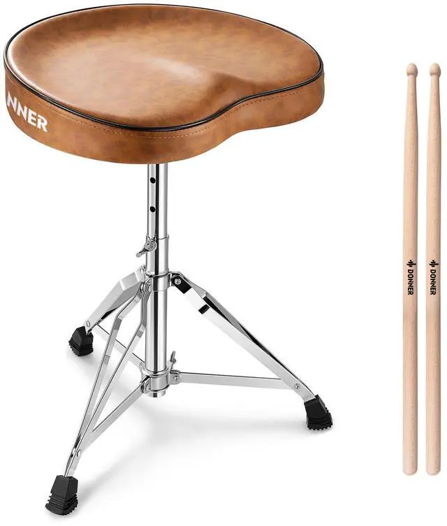 Main image of Saddle Drum Throne, Height Adjustable Padded Seat Drum Stool for Adults and Teens, 5A Drumsticks Included, with Double Braced Legs Rubber Feet, Brown