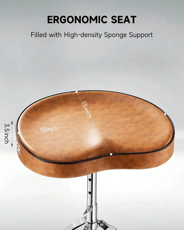 Alt view image 3 of 7 - Saddle Drum Throne, Height Adjustable Padded Seat Drum Stool for Adults and Teens, 5A Drumsticks Included, with Double Braced Legs Rubber Feet, Brown
