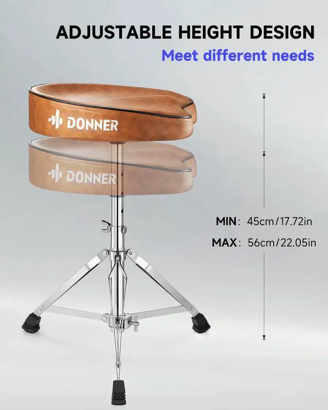 Alt view image 4 of 7 - Saddle Drum Throne, Height Adjustable Padded Seat Drum Stool for Adults and Teens, 5A Drumsticks Included, with Double Braced Legs Rubber Feet, Brown