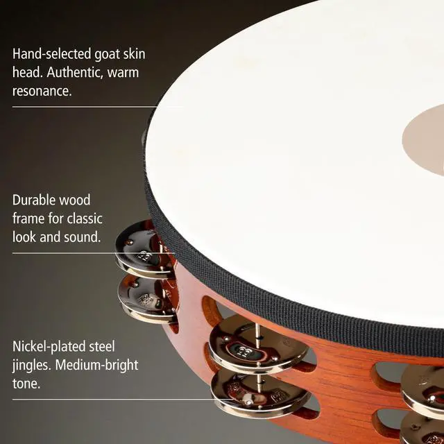 Alt view image 3 of 7 - TAH2AB Traditional 10-Inch Wood Tambourine with Goat Skin Head and Steel Jingles, 2 Row