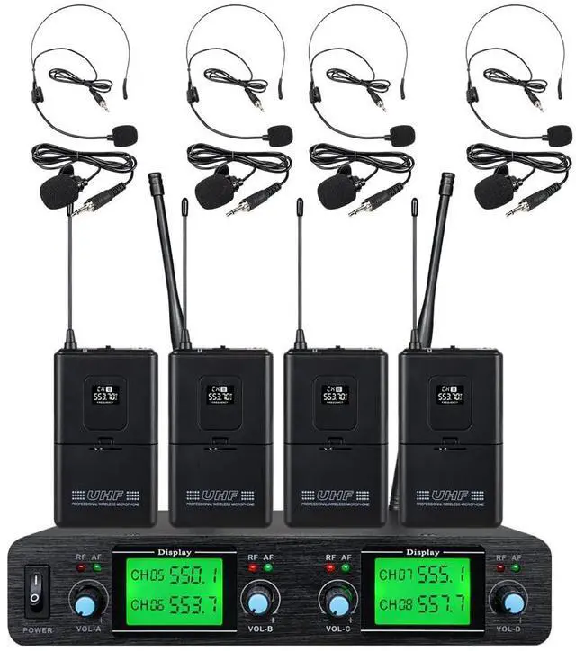 Main image of Wireless Microphone System Lavalier Mic 4 Channel 4 Headset 4 Lapel Mic 4 Bodypacks Dynamic Mics UHF for Conference Meeting Speech Karaoke Party Wedding Church