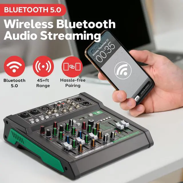 Alt view image 2 of 7 - 6 Channel Audio Mixer - 2 XLR Combo Mic Inputs, Bluetooth Studio Mixer/DJ Controller with DSP Digital Effects, USB-A In with MP3 Player, PC Recording, LED Level Meter, Smooth Dials and Faders