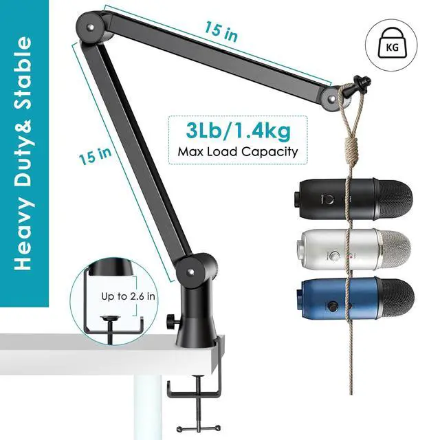 Alt view image 2 of 7 - Blue Yeti Mic Stand with Pop Filter - Premium Mic Arm, Heavy Duty Boom Arm with Cable Management, 3/8" to 5/8" Adapter