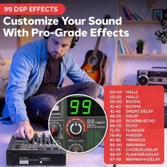 Alt view image 6 of 7 - 6 Channel Audio Mixer - 2 XLR Combo Mic Inputs, Bluetooth Studio Mixer/DJ Controller with DSP Digital Effects, USB-A In with MP3 Player, PC Recording, LED Level Meter, Smooth Dials and Faders