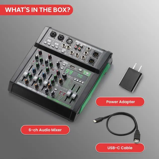 Alt view image 7 of 7 - 6 Channel Audio Mixer - 2 XLR Combo Mic Inputs, Bluetooth Studio Mixer/DJ Controller with DSP Digital Effects, USB-A In with MP3 Player, PC Recording, LED Level Meter, Smooth Dials and Faders