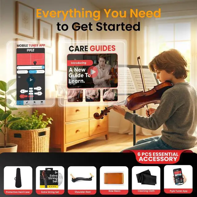 Alt view image 2 of 7 - 1/4 Size Beginner Violin Starter Kit, Violin Starter Package with Travel Case & Bow, Extra Strings, Digital Tuner, Shoulder Rest & Cleaning Cloth for Students, Kids, Adults