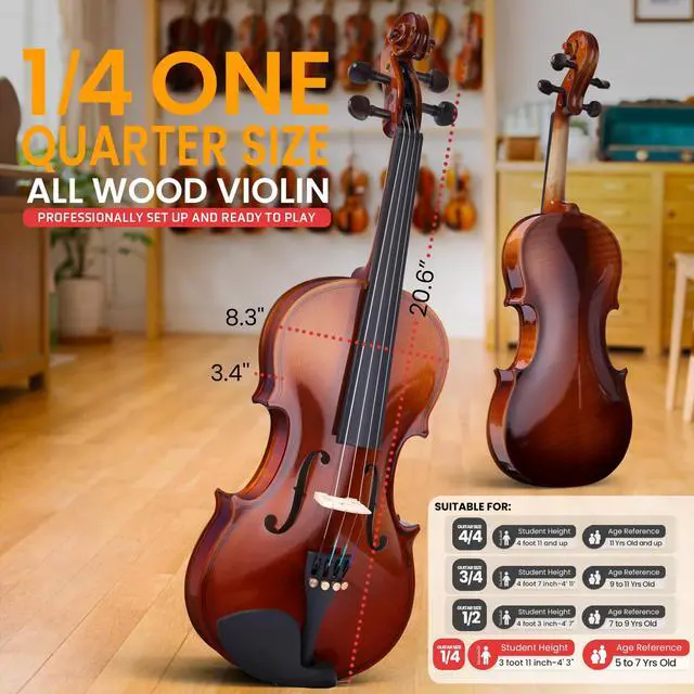 Alt view image 3 of 7 - 1/4 Size Beginner Violin Starter Kit, Violin Starter Package with Travel Case & Bow, Extra Strings, Digital Tuner, Shoulder Rest & Cleaning Cloth for Students, Kids, Adults