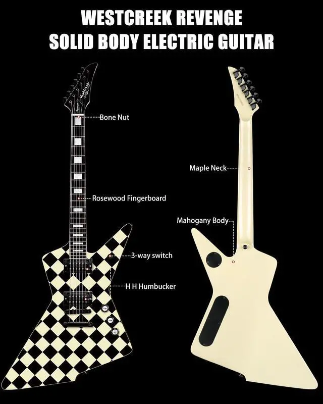Alt view image 2 of 5 - WestCreek Revenge Solid Body Electric Guitar, Heavy Metal Guitar, Right Handed, Heavy Metal Pickups, Rounded End Jumbo Frets, Bone nut, Rosewood Fretboard, Mahogany Body (Checker)