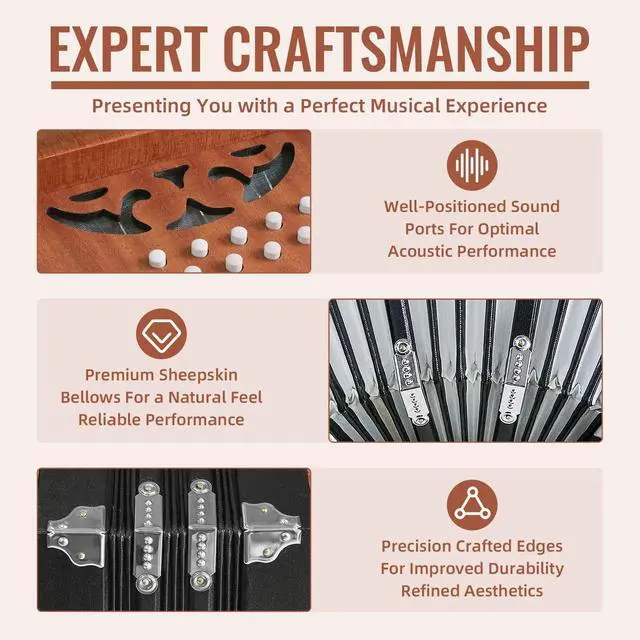 Alt view image 4 of 7 - Concertinas,20 Buttons Accordion for Beginners,Easy to learn(wood) | Sound Quality Standards,Crafted from Solid Wood,Compact and Lightweight,Easy to Store