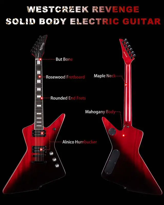 Alt view image 2 of 6 - WestCreek Revenge Solid Body Electric Guitar, Heavy Metal Guitar, Right Handed, Heavy Metal Pickups, Rounded End Jumbo Frets, Bone nut, Rosewood Fretboard, Mahogany Body (Gradient Red)