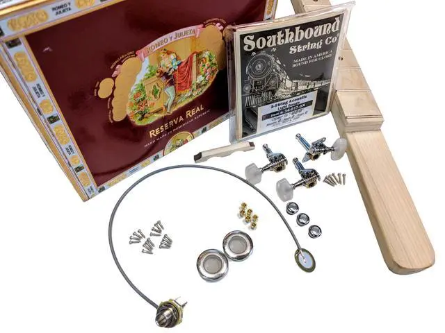 Alt view image 3 of 5 - Complete DIY 3-String Fretted Cigar Box Guitar Kit with Neck - includes Acoustic/Electric Pickup