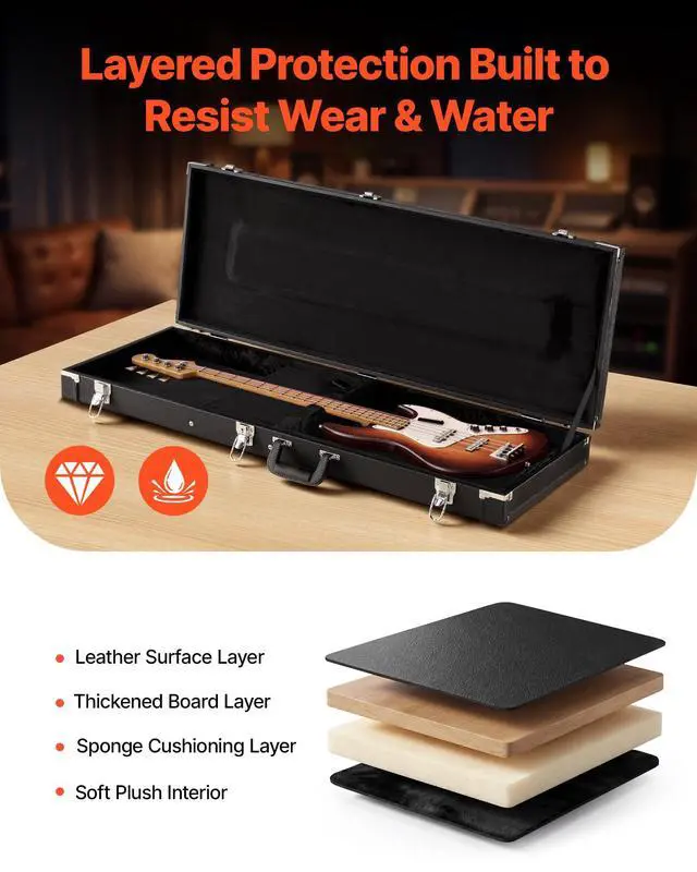 Alt view image 3 of 7 - Electric Guitar Hard Case, 41.3 Inch, Rectangle Wooden Hard-Shell Protective Carrying Case, with Lock Latch, Padding, Accessory Compartment, Key, for 39 Inch Tele/ST Electric Guitars, Black