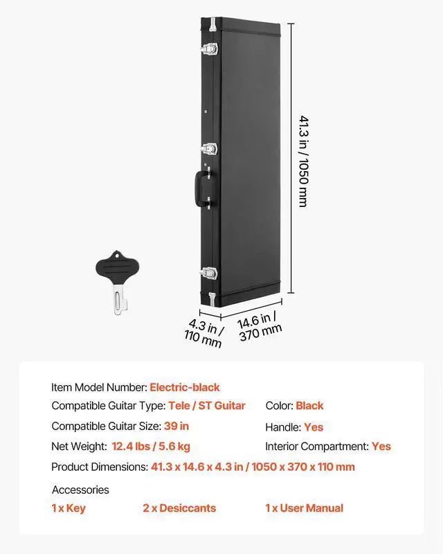 Alt view image 7 of 7 - Electric Guitar Hard Case, 41.3 Inch, Rectangle Wooden Hard-Shell Protective Carrying Case, with Lock Latch, Padding, Accessory Compartment, Key, for 39 Inch Tele/ST Electric Guitars, Black