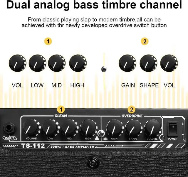 Alt view image 3 of 5 - TS112 Bass Guitar Amp 30W Electric Guitar Bass Combo Amplifier with Onboard Clean and Distortion Overdrive Dual Tone Switching Practice
