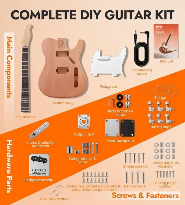 Alt view image 3 of 7 - DIY Electric Guitar Kit, Solderless, Multi Sanded Polished Body, TL | Mahogany Body, Canadian Maple Neck, SS Pickups, Hard Tail Bridge, Complete Accessories Pack, Creative Skill Building