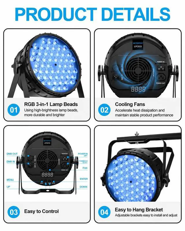 Alt view image 3 of 7 - DJ Lights, 54 x 3W RGB LED Stage Par Lights, DMX/Sound(LPC015,2P) | Auto/Sound/DMX512/Master/RDM,Lighting range 5M,optical angle 26°,rich color effects,for Wedding,Church,Party,Club,Concert