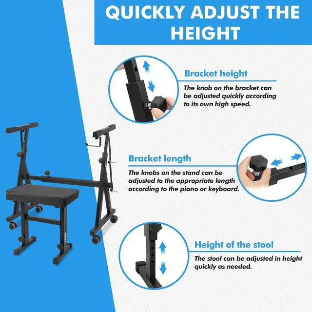 Alt view image 3 of 7 - Keyboard Piano Stand, Heavy Duty with Wheels and Pads, Z Style Adjustable Portable Keyboard Stand, Fits 54, 61, 88 Key Electric Keyboards Digital Pianos (Piano Stand + Bench)