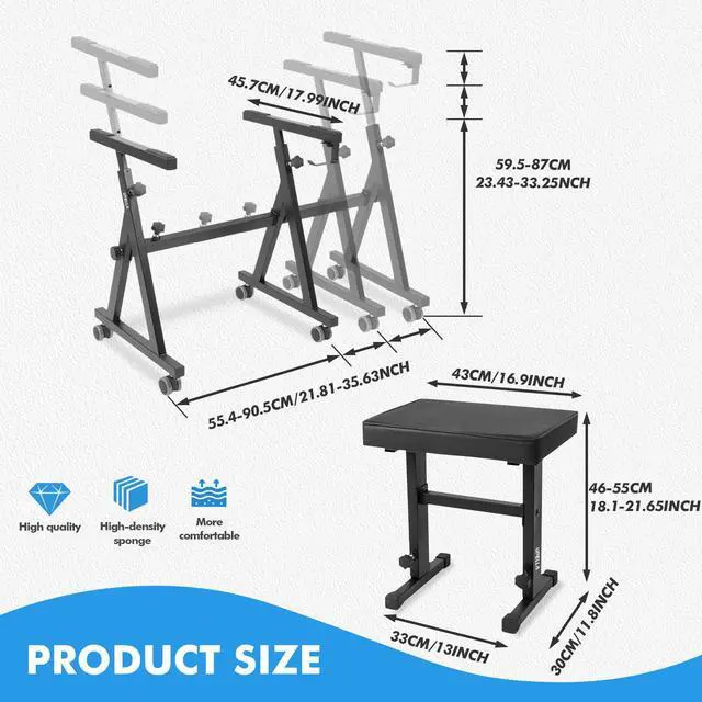 Alt view image 4 of 7 - Keyboard Piano Stand, Heavy Duty with Wheels and Pads, Z Style Adjustable Portable Keyboard Stand, Fits 54, 61, 88 Key Electric Keyboards Digital Pianos (Piano Stand + Bench)