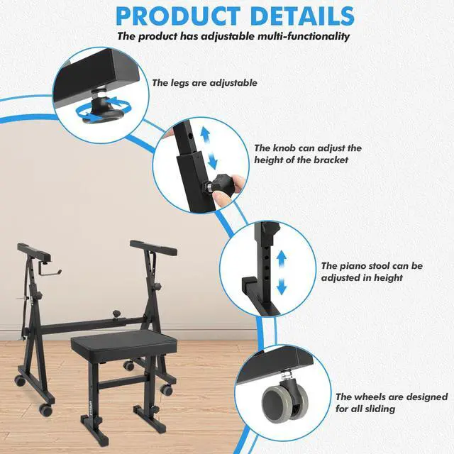 Alt view image 2 of 7 - Keyboard Piano Stand, Heavy Duty with Wheels and Pads, Z Style Adjustable Portable Keyboard Stand, Fits 54, 61, 88 Key Electric Keyboards Digital Pianos (Piano Stand + Bench)