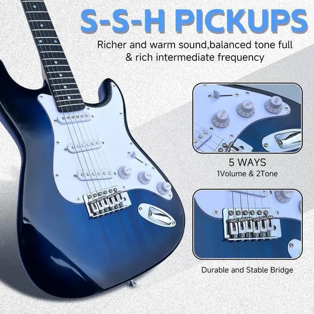 Alt view image 2 of 6 - 39in Full Size Beginner Electric Guitar Starter Kit w/Case, Strap, 20W Amp, Strings, Pick, Tremolo Bar (Blue Guitar)