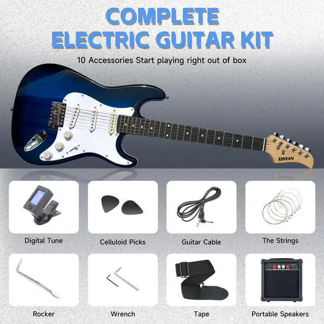 Alt view image 4 of 6 - 39in Full Size Beginner Electric Guitar Starter Kit w/Case, Strap, 20W Amp, Strings, Pick, Tremolo Bar (Blue Guitar)