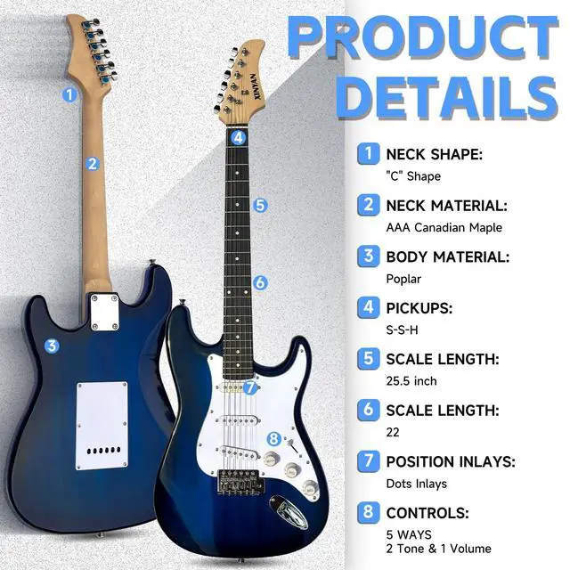 Alt view image 3 of 6 - 39in Full Size Beginner Electric Guitar Starter Kit w/Case, Strap, 20W Amp, Strings, Pick, Tremolo Bar (Blue Guitar)