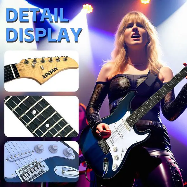 Alt view image 5 of 6 - 39in Full Size Beginner Electric Guitar Starter Kit w/Case, Strap, 20W Amp, Strings, Pick, Tremolo Bar (Blue Guitar)