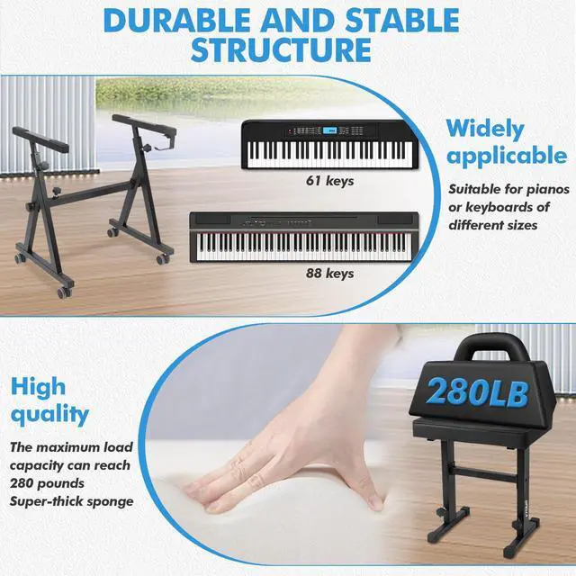 Alt view image 6 of 7 - Keyboard Piano Stand, Heavy Duty with Wheels and Pads, Z Style Adjustable Portable Keyboard Stand, Fits 54, 61, 88 Key Electric Keyboards Digital Pianos (Piano Stand + Bench)