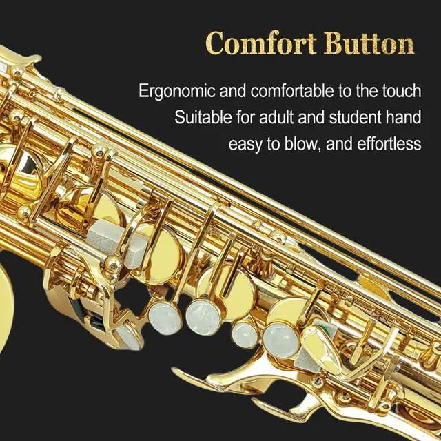 Alt view image 7 of 7 - Student Eb Alto Saxophone E Flat for Beginners Sax Full Kit with Pads Cushions,Hard Carrying Case,Neck Strap,Reeds,Cleaning Cloth & Rod,Mouthpiece,Gloves