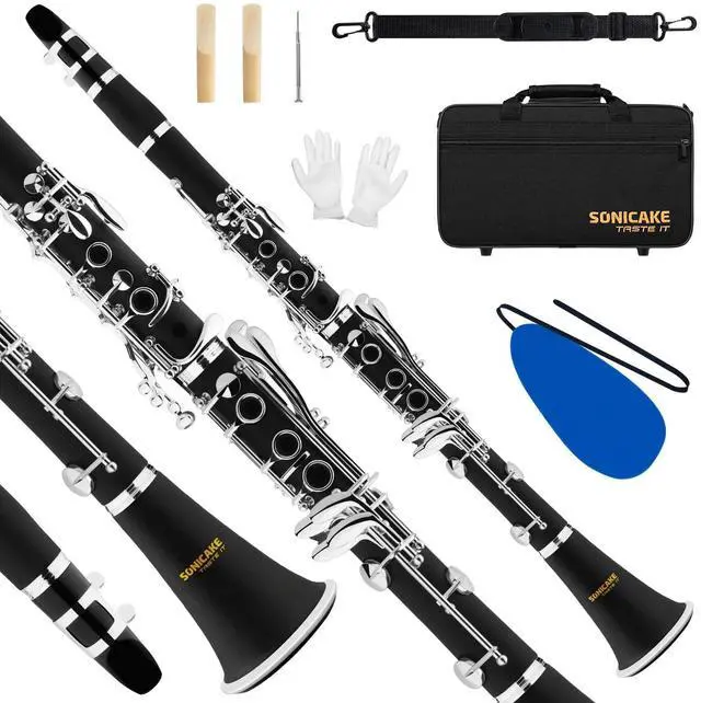 Main image of B Flat Clarinet for Beginner & Student, Nickel-plated Bb Ebonite Clarinet 2 Barrels, Reeds with Cleaning Kit, White Gloves and Hard Case, Black, QCR-01