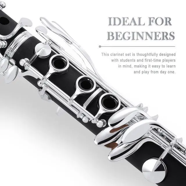 Alt view image 2 of 6 - B Flat Clarinet for Beginner & Student, Nickel-plated Bb Ebonite Clarinet 2 Barrels, Reeds with Cleaning Kit, White Gloves and Hard Case, Black, QCR-01