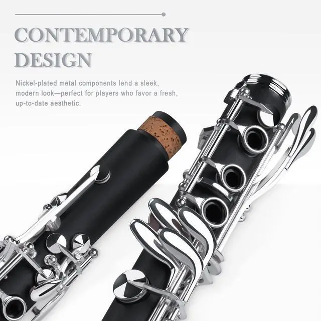 Alt view image 3 of 6 - B Flat Clarinet for Beginner & Student, Nickel-plated Bb Ebonite Clarinet 2 Barrels, Reeds with Cleaning Kit, White Gloves and Hard Case, Black, QCR-01